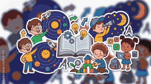 Children exploring science space and learning through play and discovery