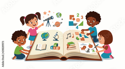 Children exploring various subjects through an open book