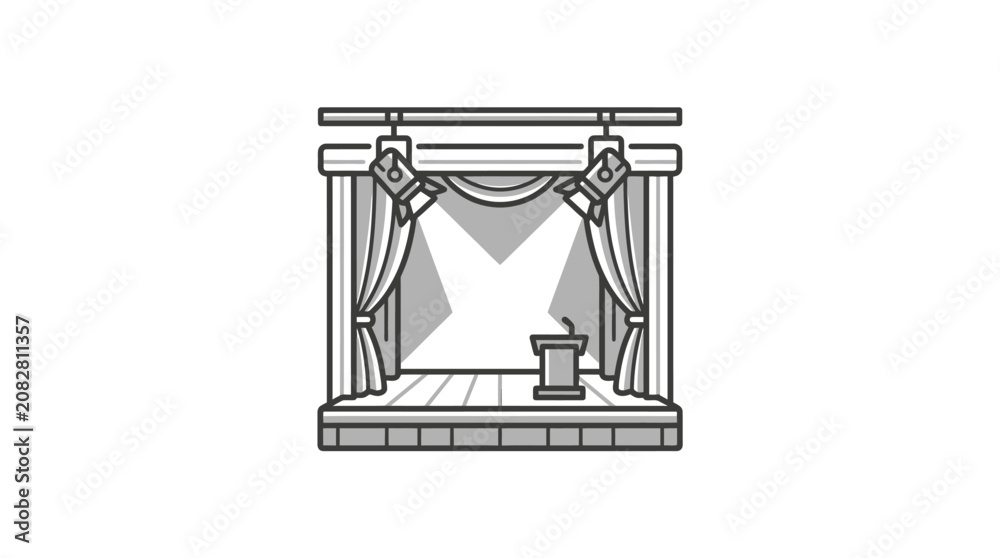 Obraz premium Sleek Minimalist Line Drawing of an Elegant Stage with Curtains Podium and Spotlight for Modern Presentations