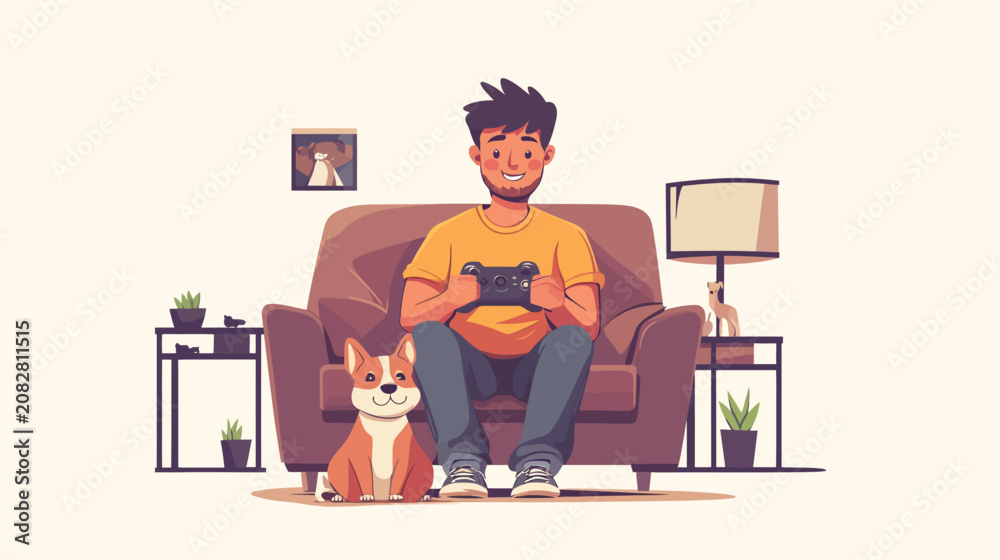 Fototapeta premium Happy man playing video games with dog sitting at his feet