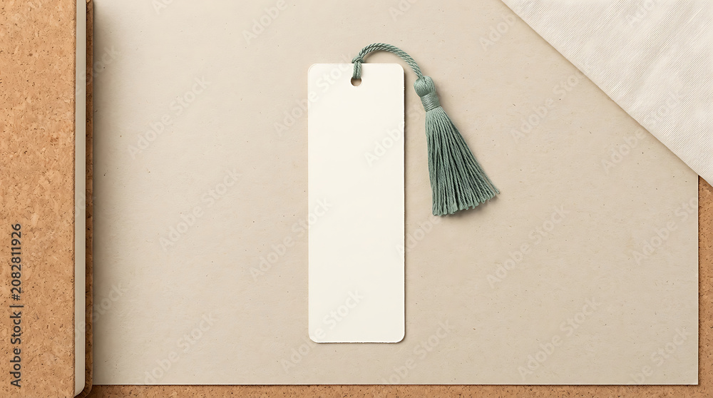 Fototapeta premium Blank paper bookmark with a sage green tassel resting on a beige paper surface beside a cork book