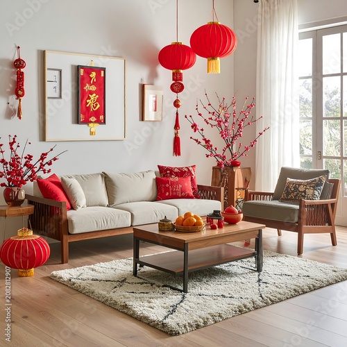 Modern living room with festive lunar new year decorations and furniture