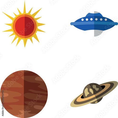 Cartoon style planets, sun, and alien spaceship on white background