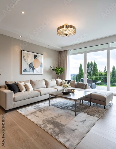 Modern living room with large sectional sofa and scenic outdoor view