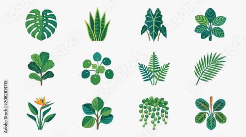 Quadro su tela Creative Set of 12 Vibrant Tropical Houseplants with Lush Green and Teal Leaves