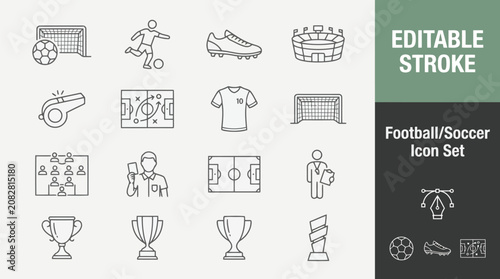 Vector illustration of football soccer icon set with editable stroke and sports elements