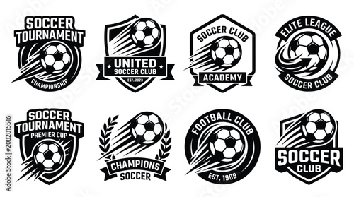 Vector illustration of soccer club emblems and tournament badges with championship shields and laurel wreaths