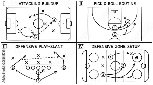 Vector illustration of basketball offensive and defensive play diagrams with player movements and strategies