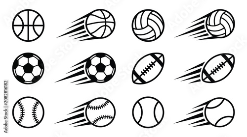 Vector illustration of various sports balls in motion with speed lines set