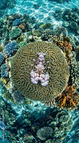 Harlequin shrimp on brain coral in vibrant reef