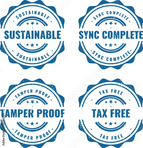 Obraz na plátne Collection of blue round rubber stamps showing sustainable sync complete tamper