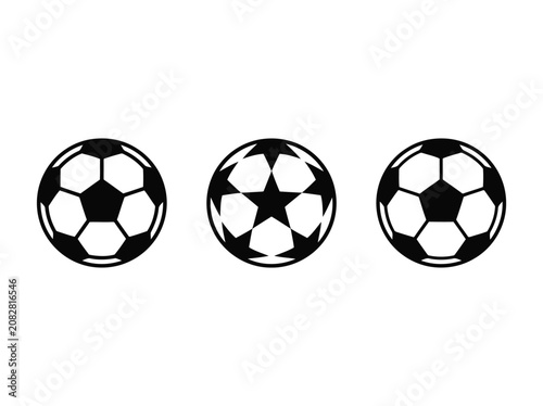 Vector illustration of three soccer balls with geometric patterns in black and white minimalist style