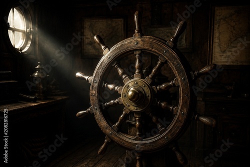 Old wooden ship's wheel in a dim cabin, illuminated by a single beam of light.