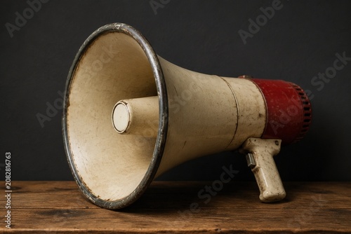 Vintage megaphone on a wooden surface in front of a plain dark wall.
