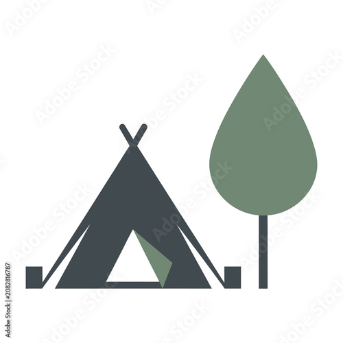 Camping tent and tree in forest, outdoor adventure and travel concept icon