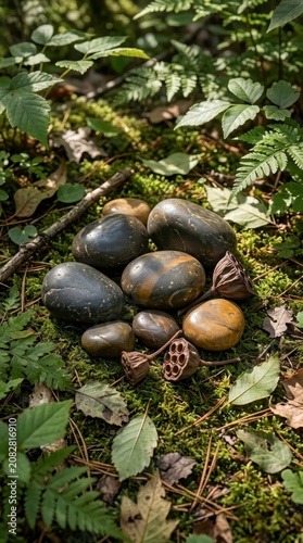 Natural river stones and lotus pods on moss