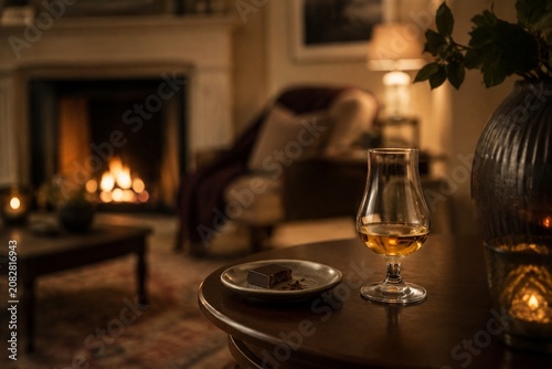 Cozy living room with a digestif glass and dark chocolate by a fireplace.