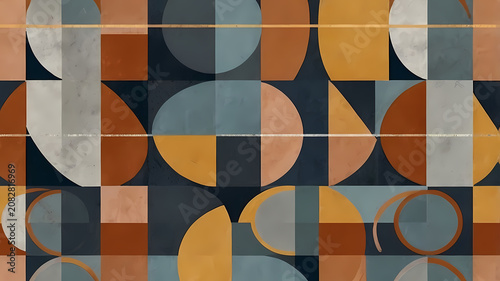 Modernist geometric wall art print with overlapping circles in red blue and yellow creating a dynamic abstract composition for contemporary living room decor.