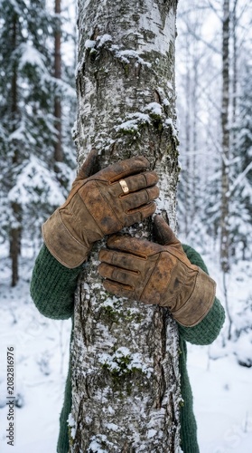 Hands in gloves hugging snowy birch tree in winter forest