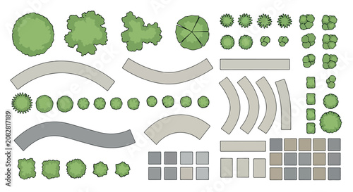 Landscape architecture plan symbols, top view garden design elements, green tree and shrub vector set, architectural site mapping icons isolated PNG with Transparent Background