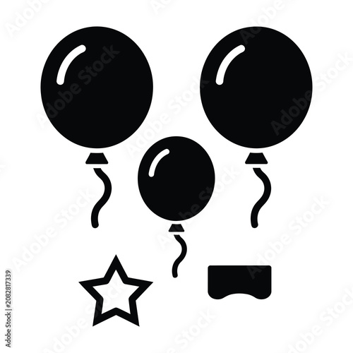 Black balloons and star symbols on white background for party decoration ideas
