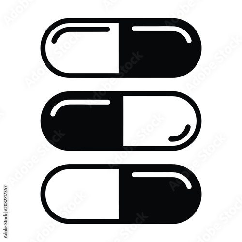 Three black and white capsules pills stacked vertically on white background