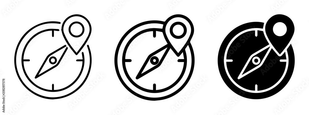 Fototapeta premium Compass and Map Pin Icons, Navigation and Location Symbols, Vector Set