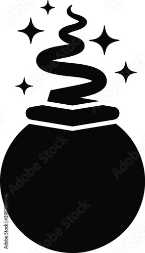 Foto Black silhouette of a round magic cauldron with swirling smoke rising from the a