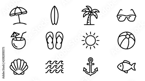 A collection of beach icons including umbrella, surfboard, palm tree, sunglasses, coconut, flip flops, basketball, seashell, waves, anchor, and fish.
