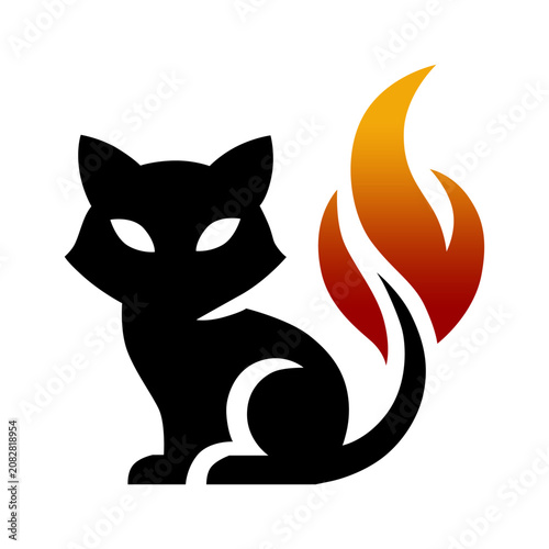 Black Cat Silhouette with Fire Tail Logo