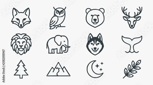 Dynamic Black and White Line Art Icons Set Featuring Animals Nature and Symbols for Design Projects