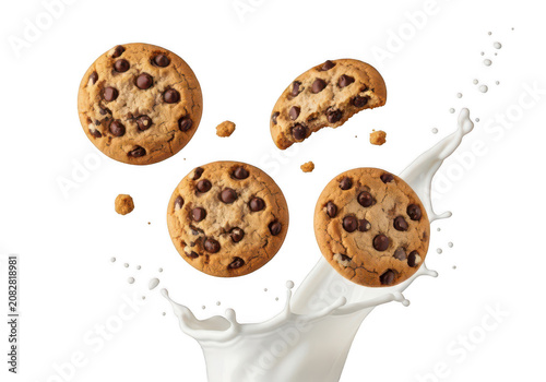 Fresh chocolate chip cookies falling into a splash of white milk
