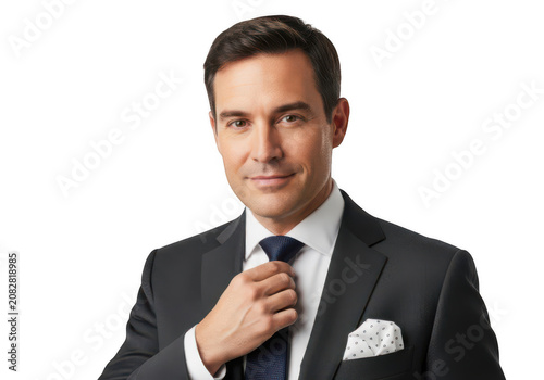 Professional man in a dark suit adjusting his necktie and looking