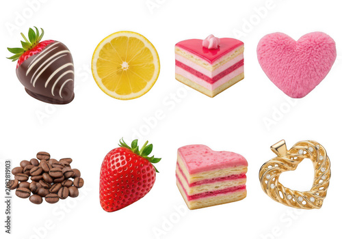 Set of sweet dessert food icons with strawberry and heart cake slices