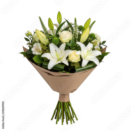 Beautiful white lily flowers bouquet wrapped in brown paper wrap