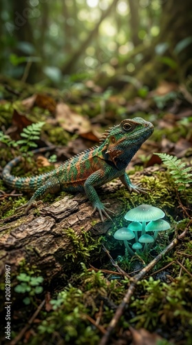 Forest lizard on log with glowing mushrooms