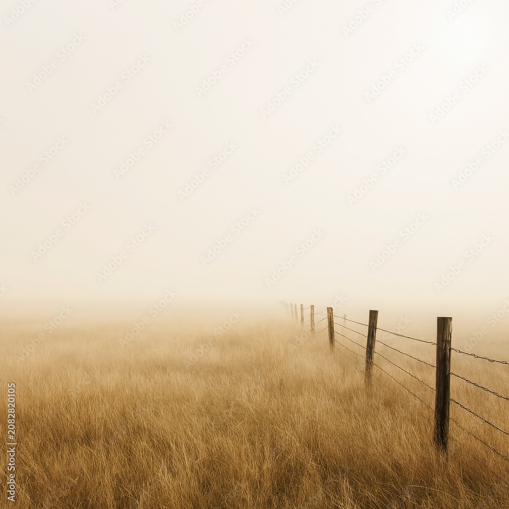 Fototapeta premium Minimalist rural landscape with a simple wire fence disappearing in golden fog