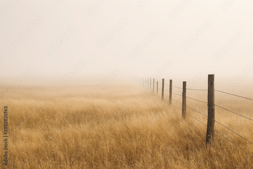 Fototapeta premium Quiet sepia countryside field featuring a wooden boundary line vanishing into haze