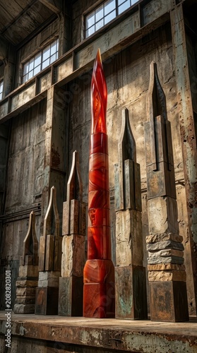 Red abstract sculpture in industrial setting