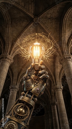 Steampunk robotic arm holds glowing light bulb in gothic hall