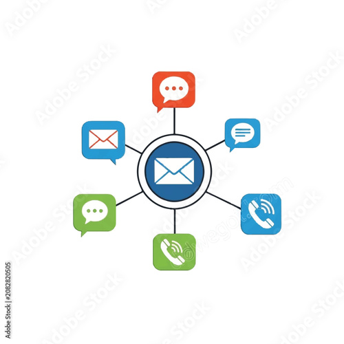 Email and communication network with various message icons.