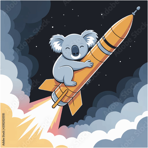 Cute koala riding a rocket ship into space.