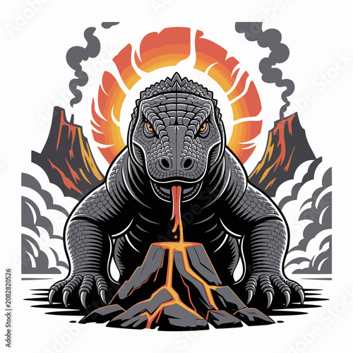 Gray dinosaur erupting volcano fire.