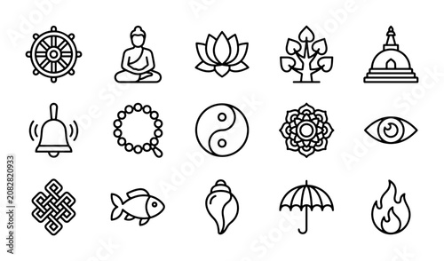 Foto Buddhist Symbols Vector Icons, Dharma Wheel, Buddha, Lotus, Stupa, Yin Yang, Med