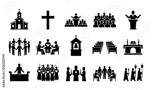 Fotografie Christianity Icons Set: Church, Cross, Congregation, Worship, Clergy, Prayer, Se