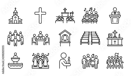 Fotografie Christianity Icons Set: Church, Cross, Worship, Community, Faith Symbols