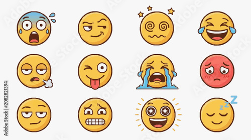 Dynamic Collection of 12 Vibrant Emoticon Faces Showing Diverse Human Expressions and Reactions in Bright Yellow and Red