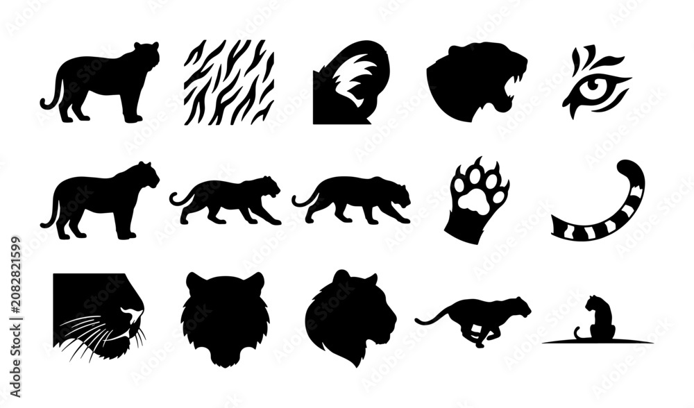 Αυτοκόλλητο Tiger Silhouettes, Paw Prints, and Stripes Vector Icons Set: Wild Cat Graphics