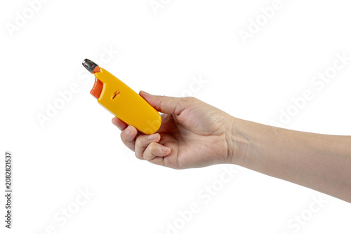 Photography Yellow gas lighter gun for gas-stove and hand isolated on transparent background