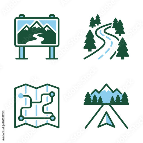 Canvas-taulu Travel icons with mountains and trees.